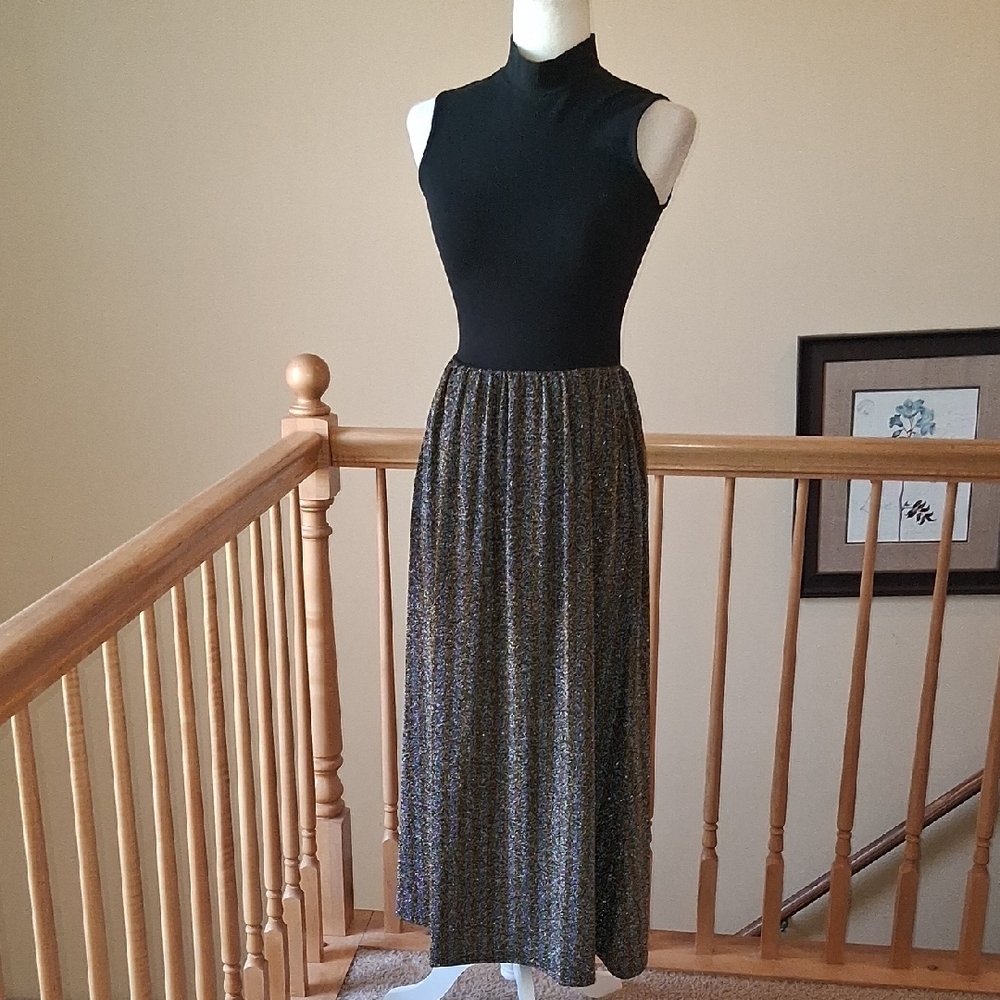 J. Crew Black Mock Neck Gold-Silver Metellic Bling Thread Maxi Dress - Picture 2 of 9